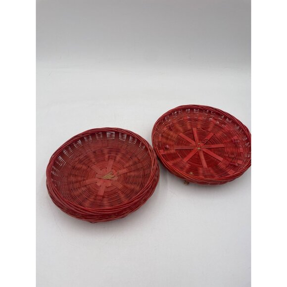 Vintage Red Wicker Sewing Basket Pink Handle & Beaded Accents Boho-Chic Home Dec - Picture 3 of 6